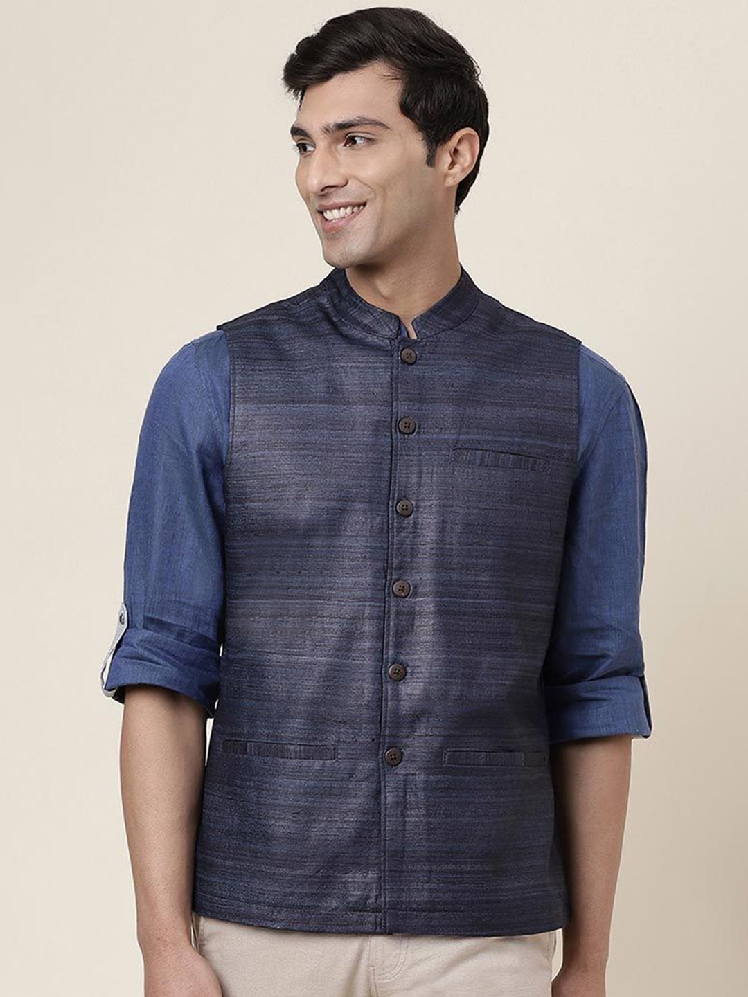

Fabindia Mandarin Collar Woven Design Nehru Jacket, Blue