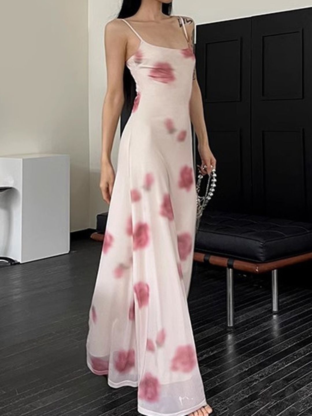 

KPOP Women Printed Shoulder Straps Bodycon Maxi Dress, Pink