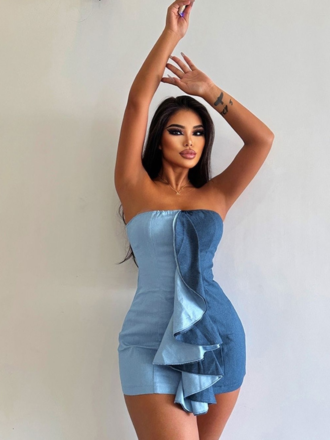 

KPOP Women Ruffles Above Knee BandeauDress, Blue