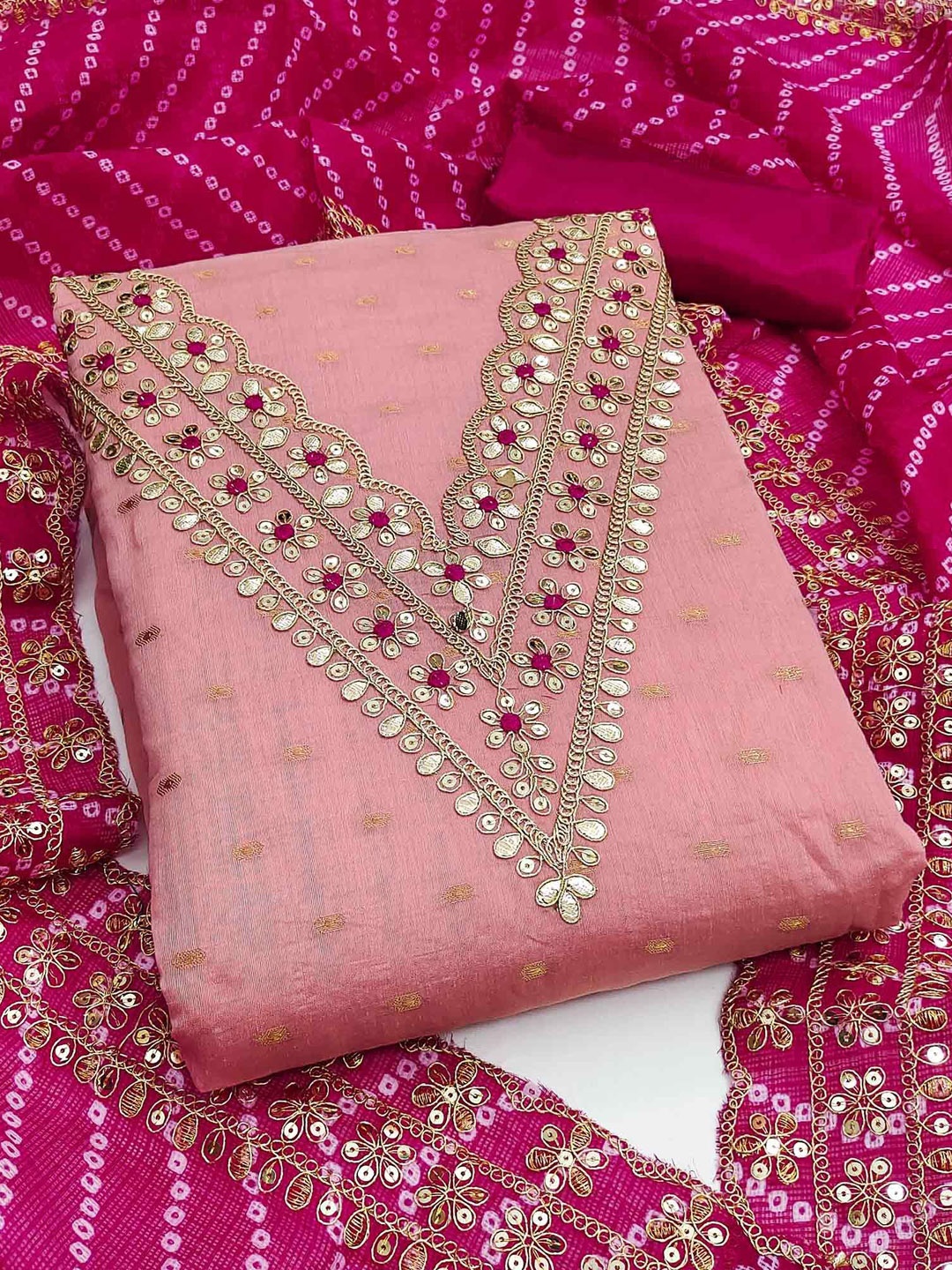 

Peachmode Ethnic Motifs Woven Design Sequinned Chanderi Silk Unstitched Dress Material, Pink