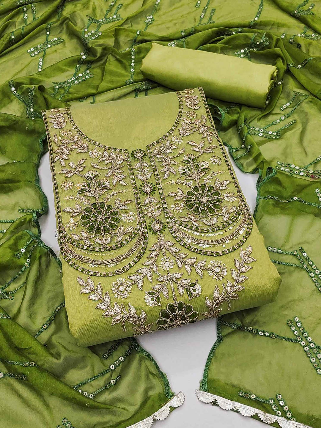 

Peachmode Floral Embroidered Sequinned Unstitched Dress Material, Green