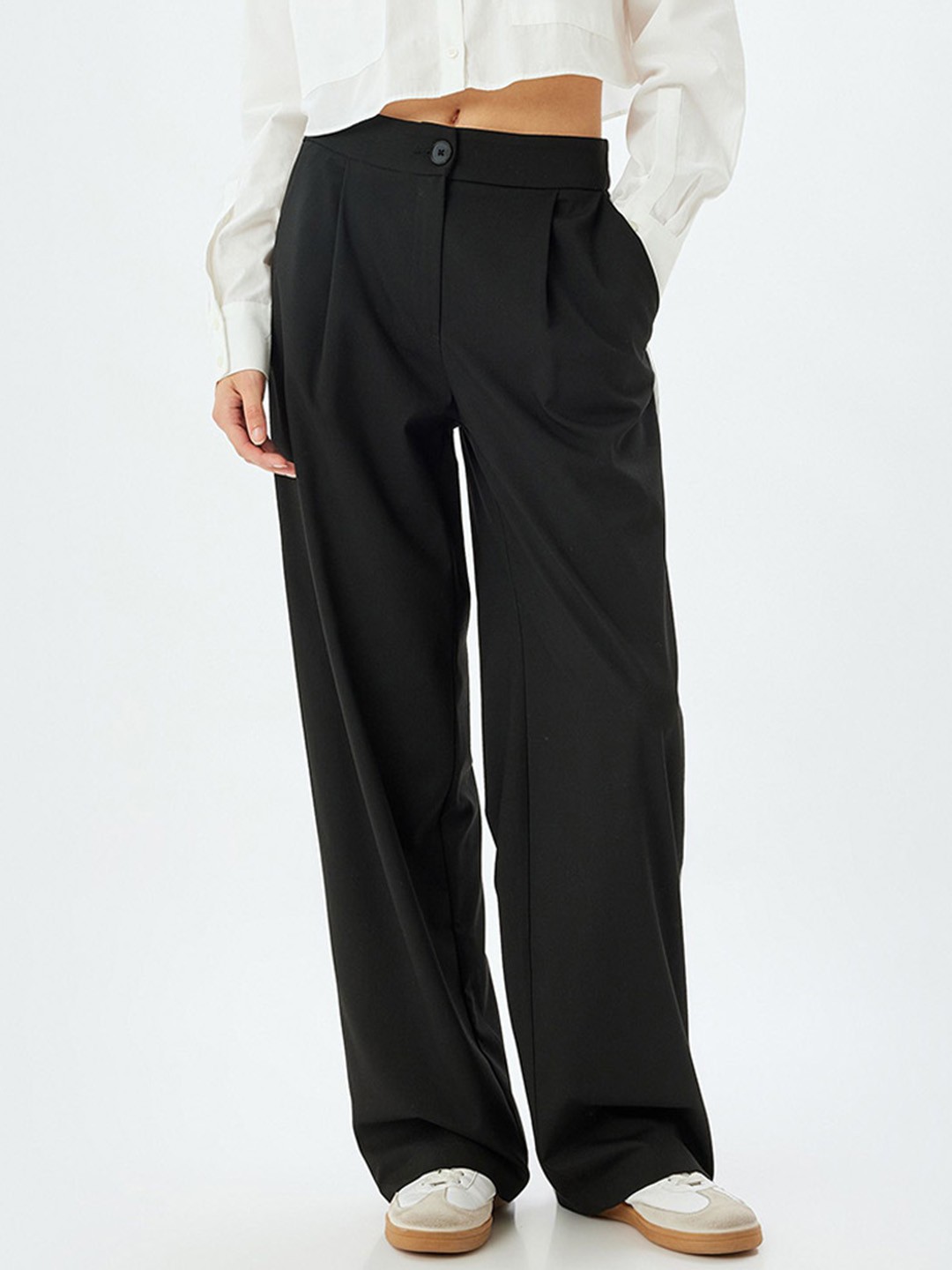 

Koton Women Pleated Loose Fit Parallel Trousers, Black