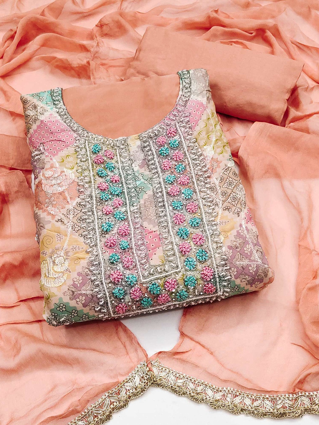 

Peachmode Floral Embroidered Beads and Stones Unstitched Dress Material, Peach