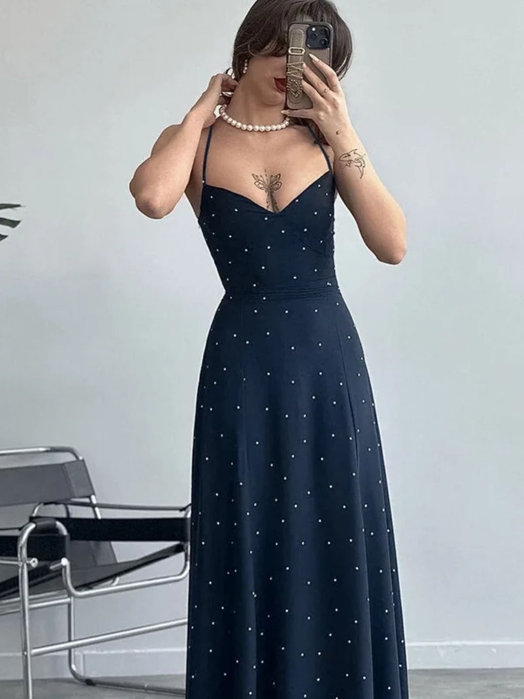 

KPOP Women Shoulder Straps A-Line Maxi Dress, Navy blue