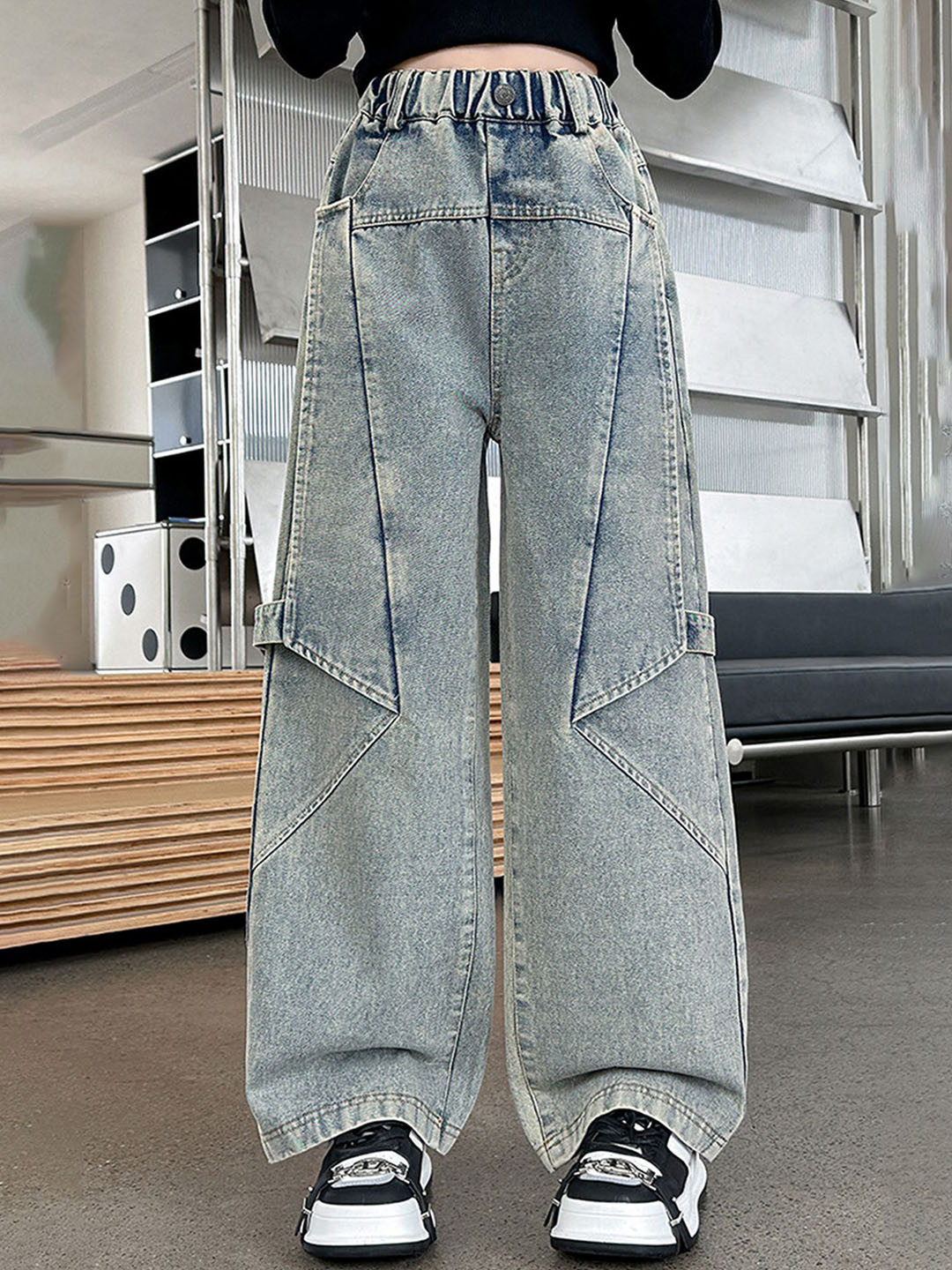 

LULU & SKY Girls Cotton Wide Leg High-Rise Mildly Distressed Heavy Fade Jeans, Blue