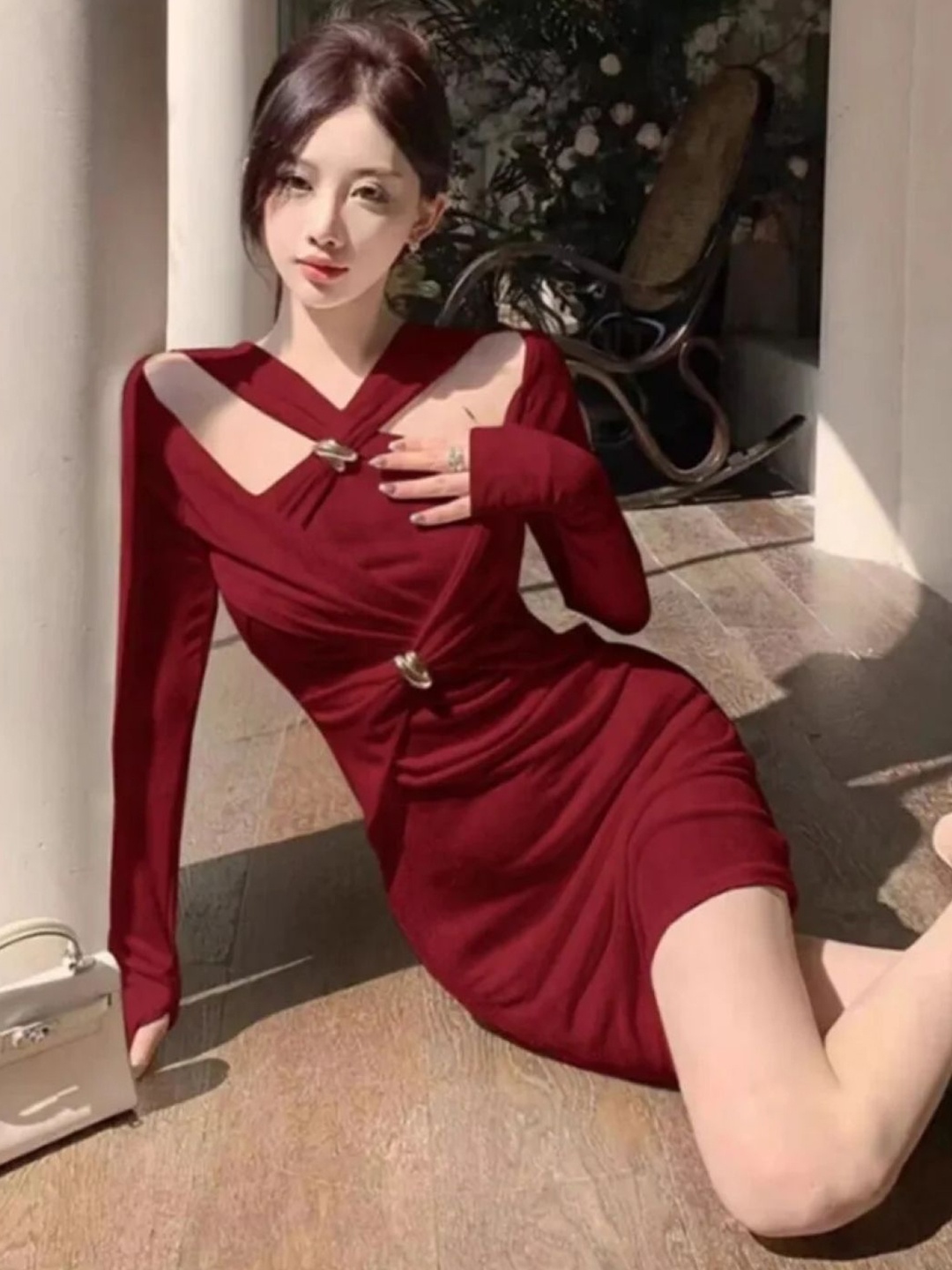 

KPOP Women Long Sleeves Bodycon Dress, Red