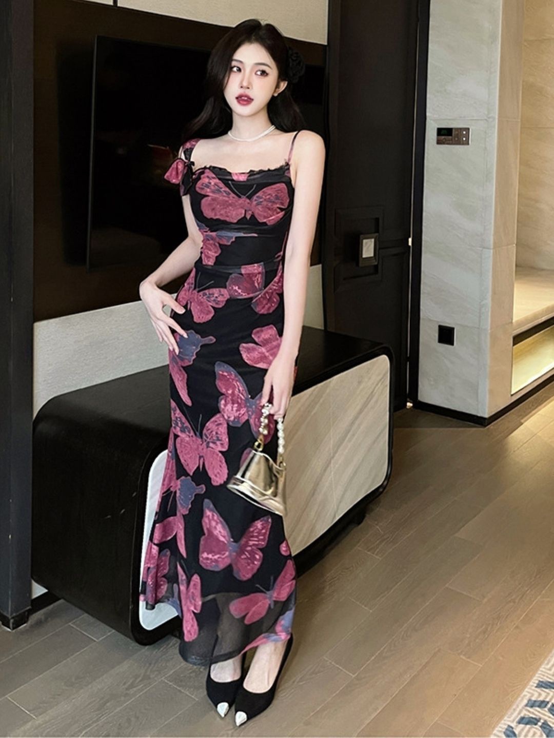 

KPOP Women Print Shoulder Straps Sleeveless Bodycon Maxi Dress, Pink
