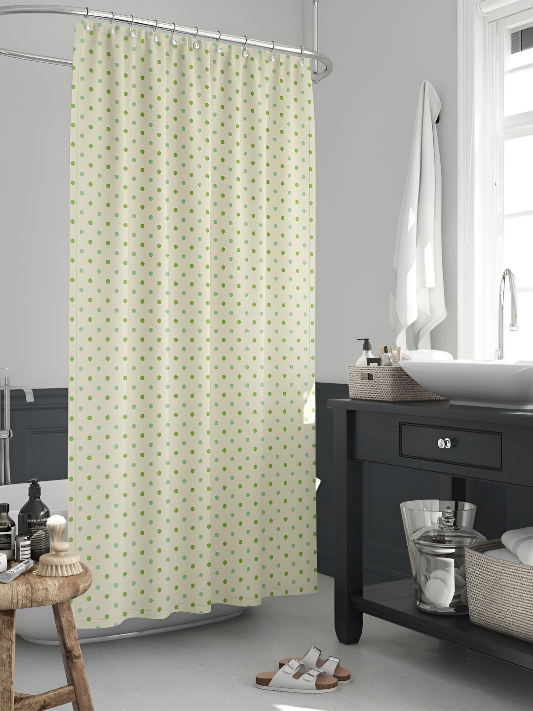 

ArtzFolio Off White & Green Polka Dots Printed Waterproof Shower Curtain
