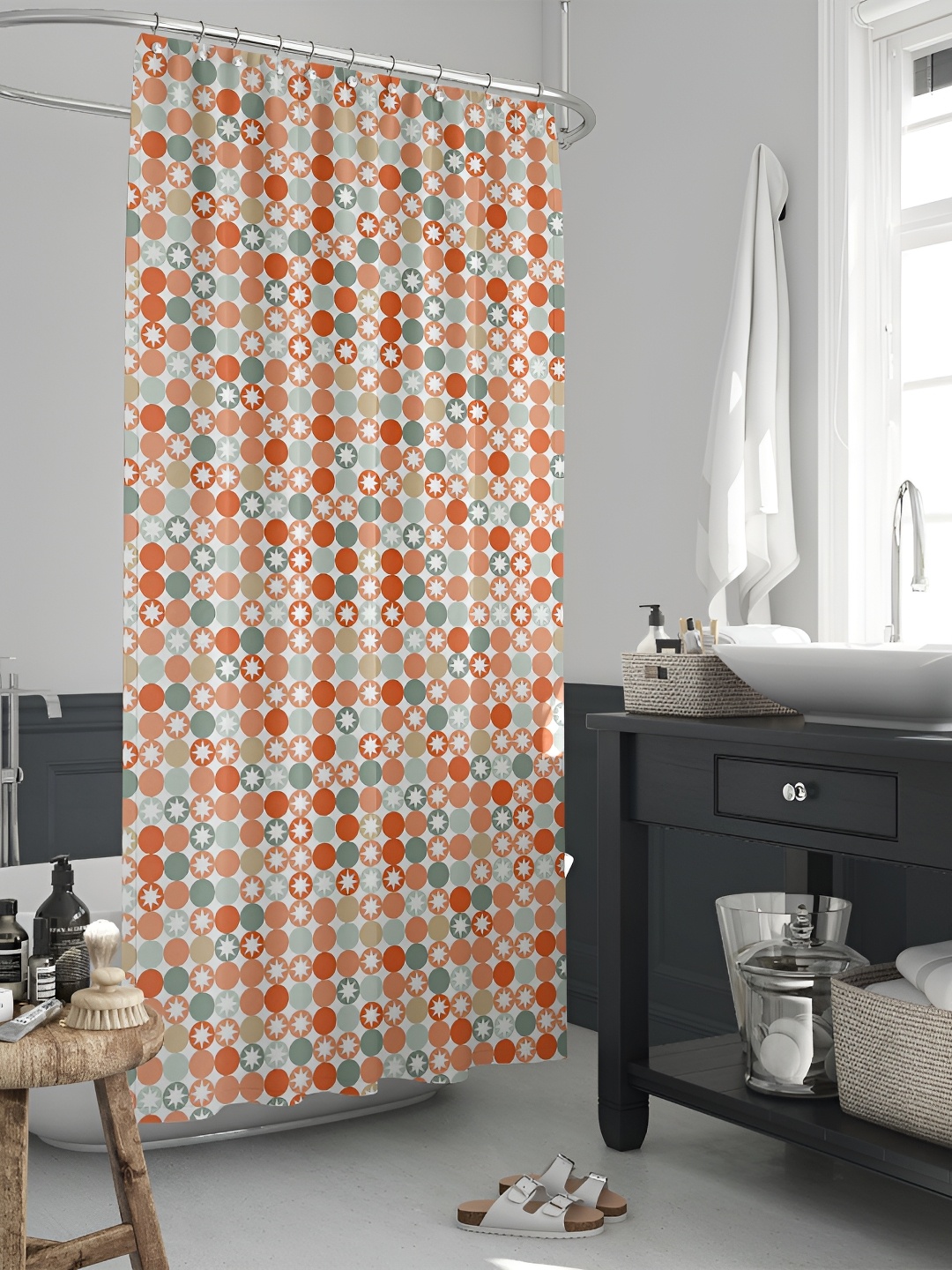 

ArtzFolio White & Orange Colored Printed Waterproof Shower Curtain