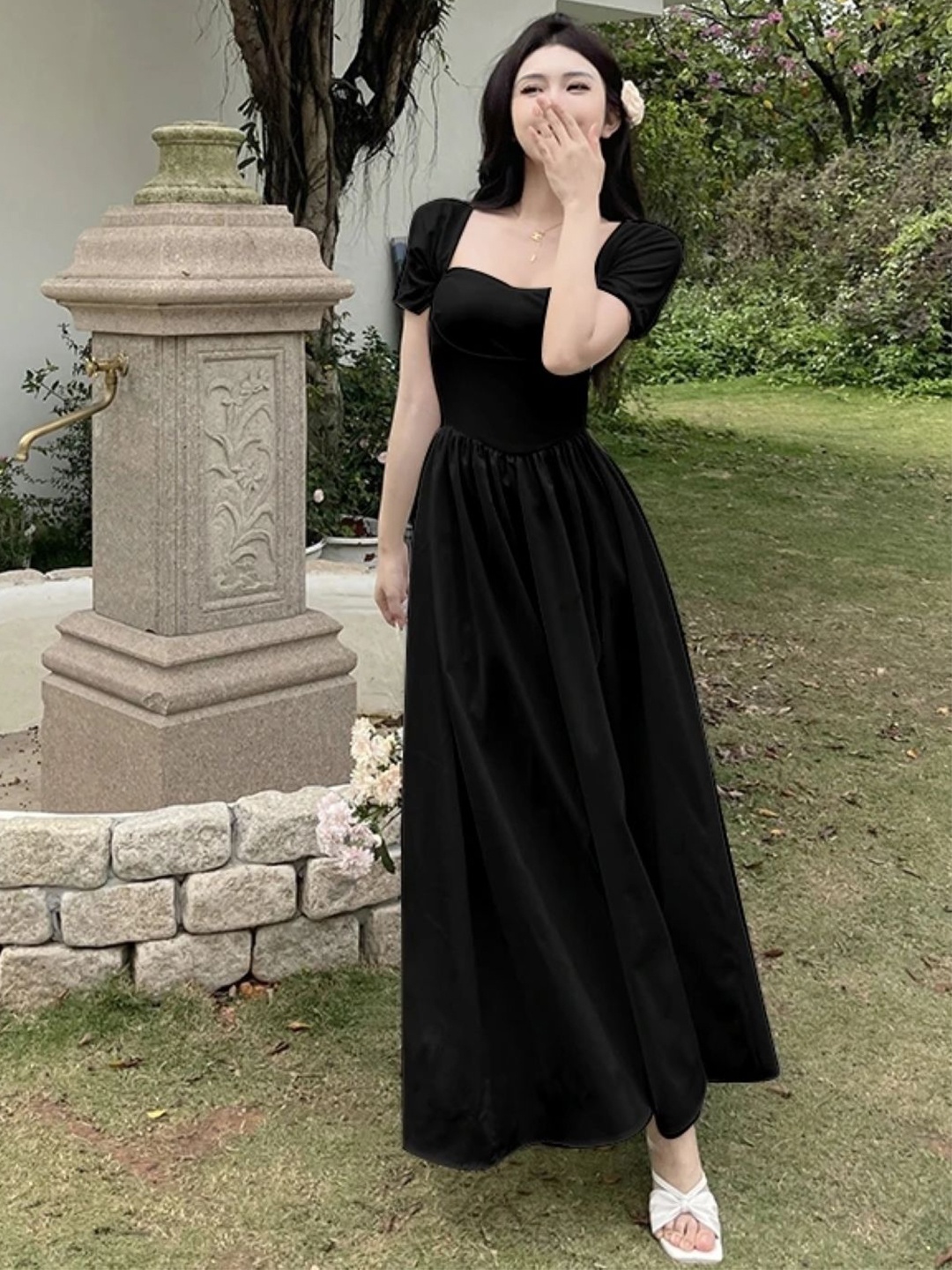 

KPOP Women Off-Shoulder Short Sleeves Fit and Flare Maxi Dress, Black