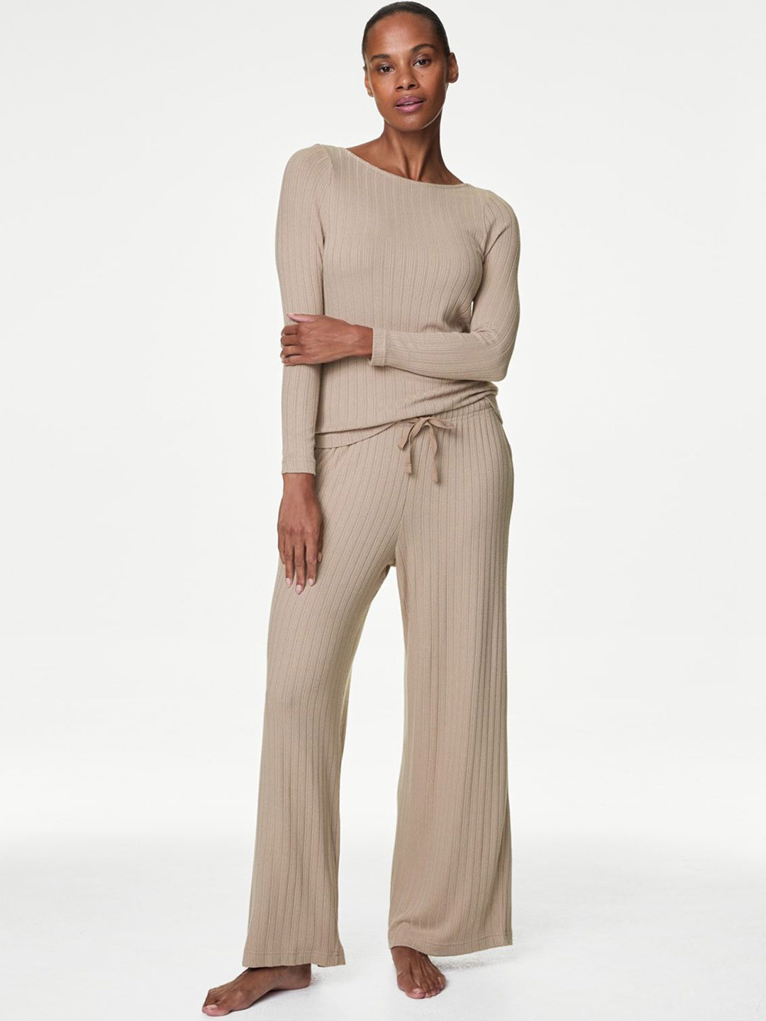 

Marks & Spencer Women Striped Round Neck Long Sleeves Night suit, Brown