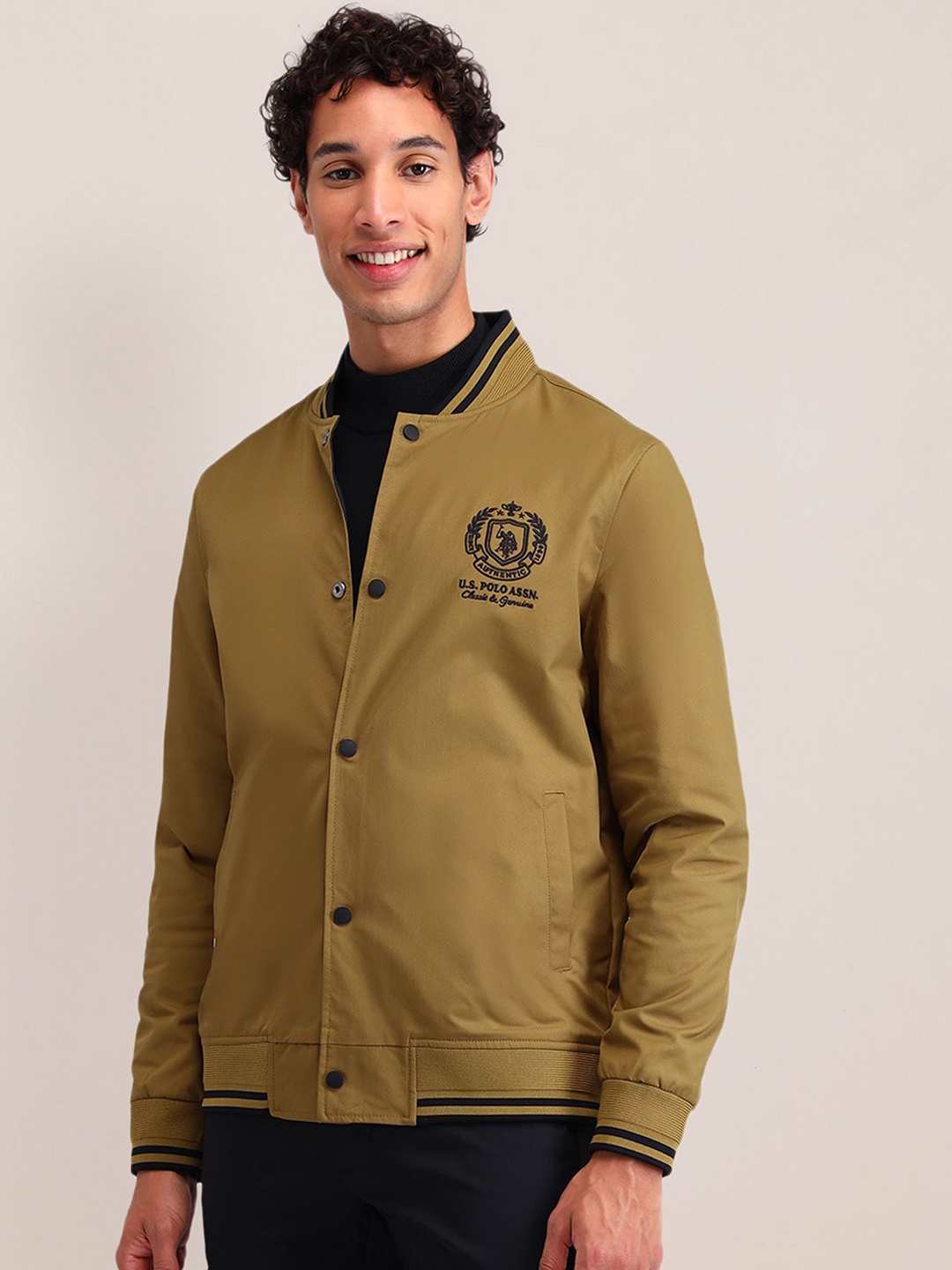 

U.S. Polo Assn. Men Brand Logo Polyester Reversible Varsity Jacket, Brown