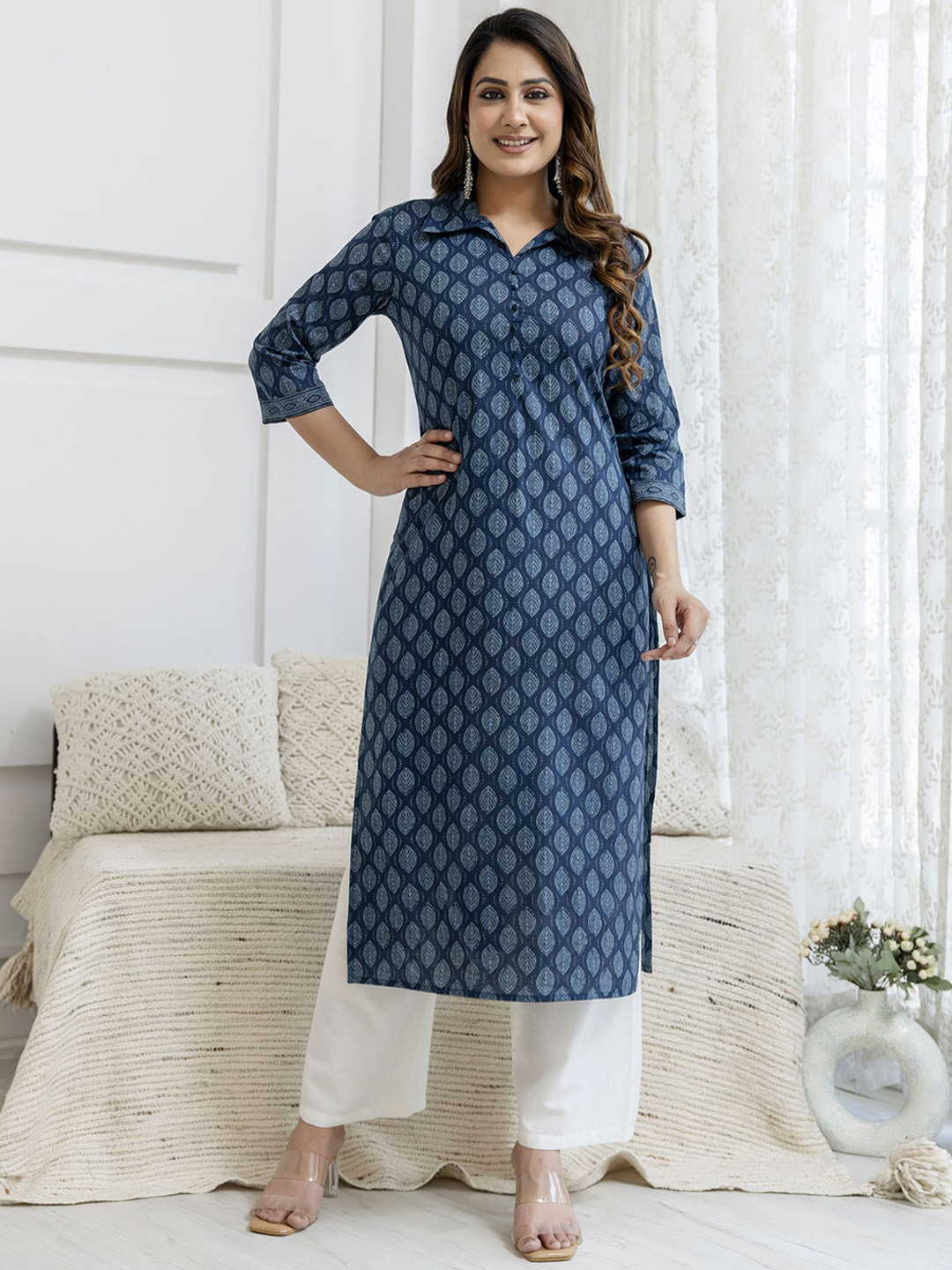 

Nayo Floral Printed Shirt Collar Three-Quarter Sleeves Regular Pure Cotton Straight Kurta, Navy blue