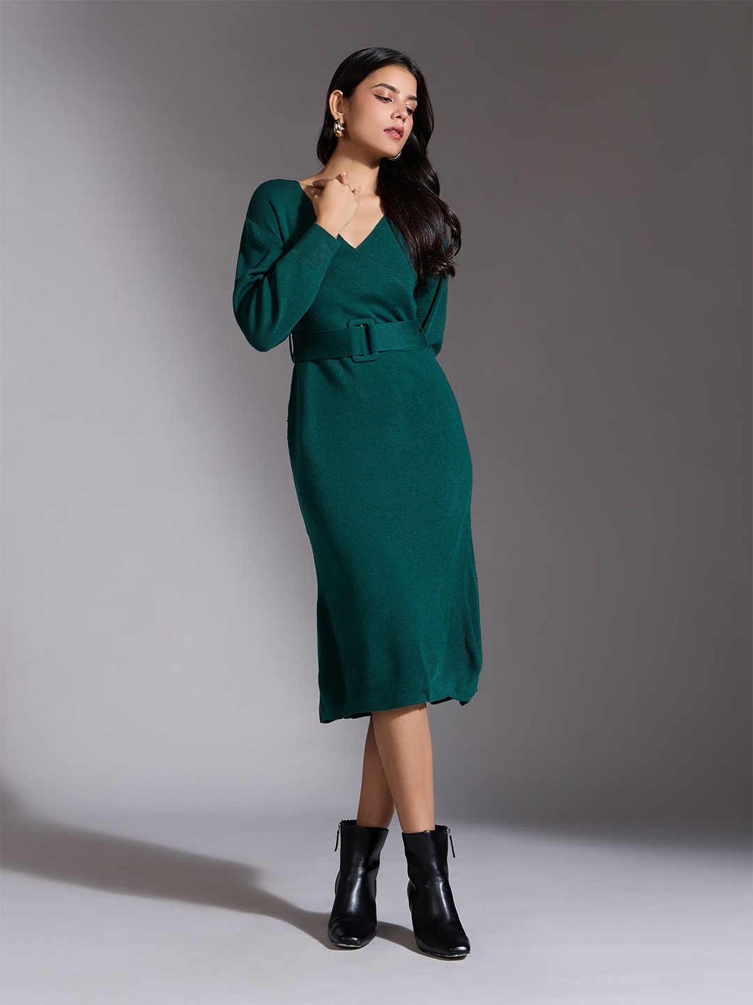 

20Dresses Acrylic V-Neck Long Sleeves Wrap Midi Dress Comes with a belt, Green