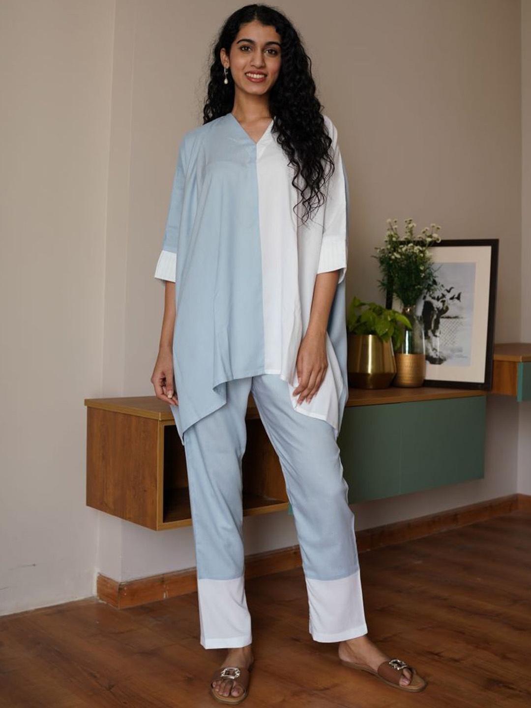 

The Quince Life Colourblocked Pure Cotton Kaftan Top With Trousers, White