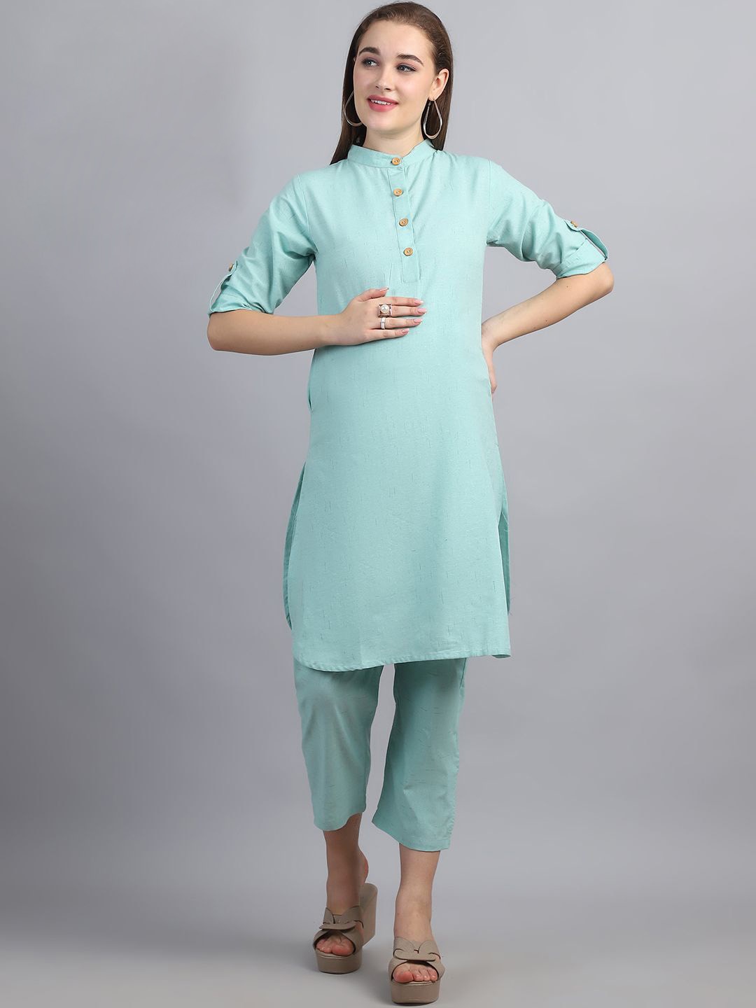 

Moms Maternity Pure Cotton Straight Kurta with Trousers, Turquoise blue