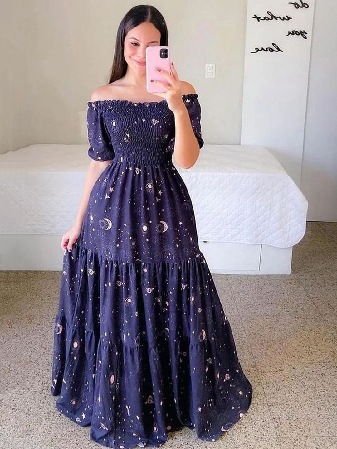

StyleCast Printed Smocked Off-Shoulder Fit and Flare Tiered Maxi Dress, Navy blue