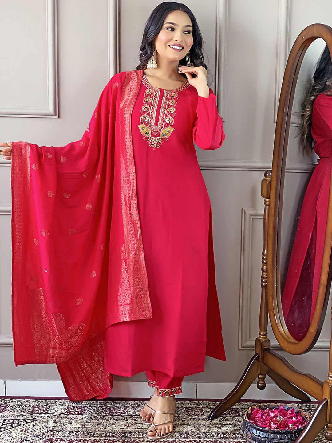 

KALINI Ethnic Motifs Embroidered Chanderi Silk Straight Kurta with Trousers & Dupatta, Red