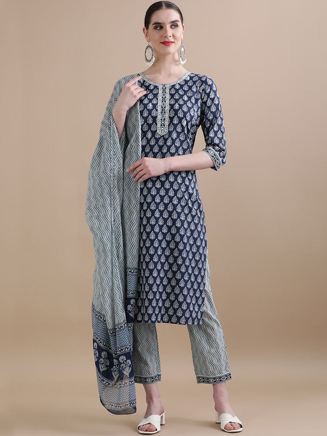 

Jaipur Kurti Navy Blue Ethnic Motifs Printed Mirror Work Pure Cotton Kurta Set