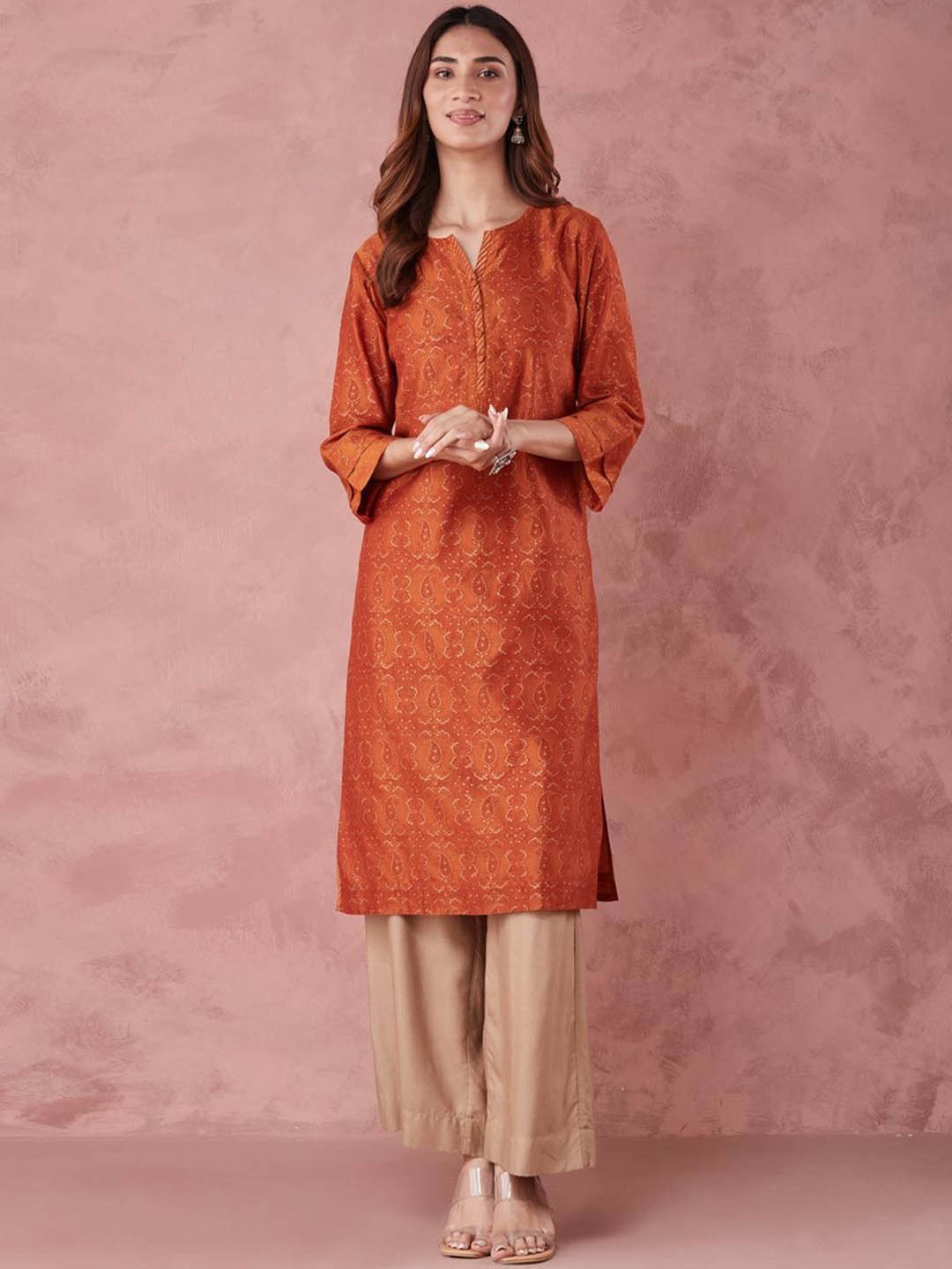 

Fabindia Ethnic Motifs Printed Regular Cotton Silk Straight Kurta, Rust