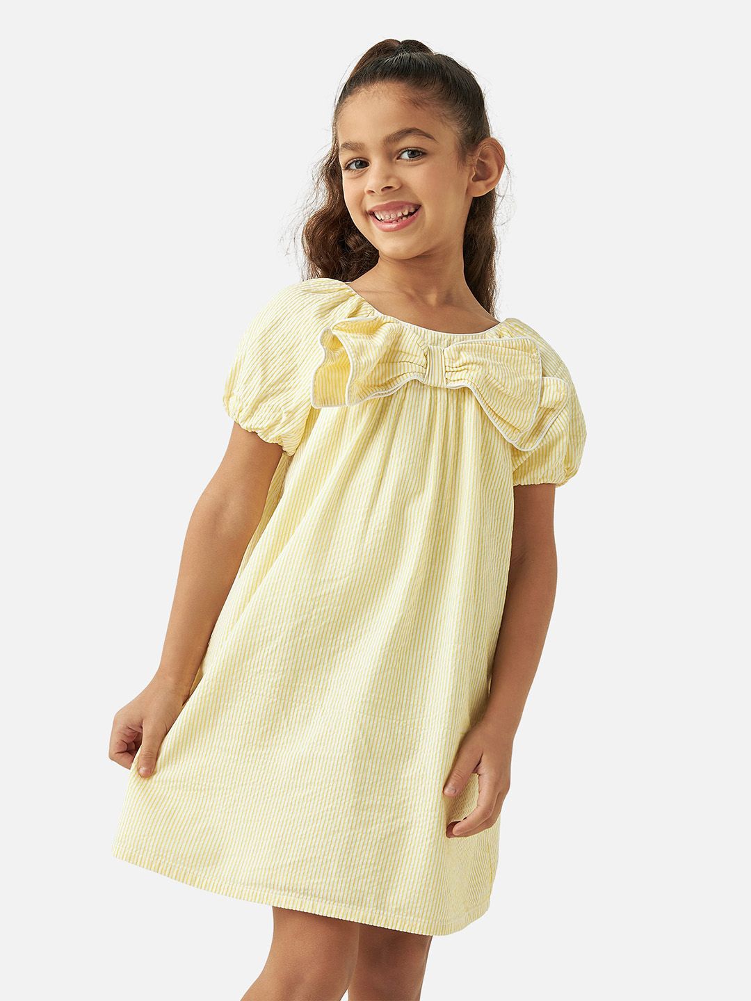 

Juniors by Babyshop Girls Striped Round Neck Puff Sleeve A-Line Dress, Yellow