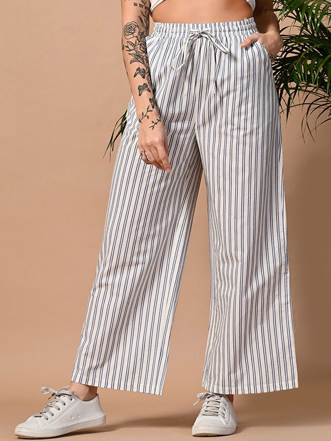 

PRETTY LOVING THING Women Pure Cotton Striped Trouser, Off white