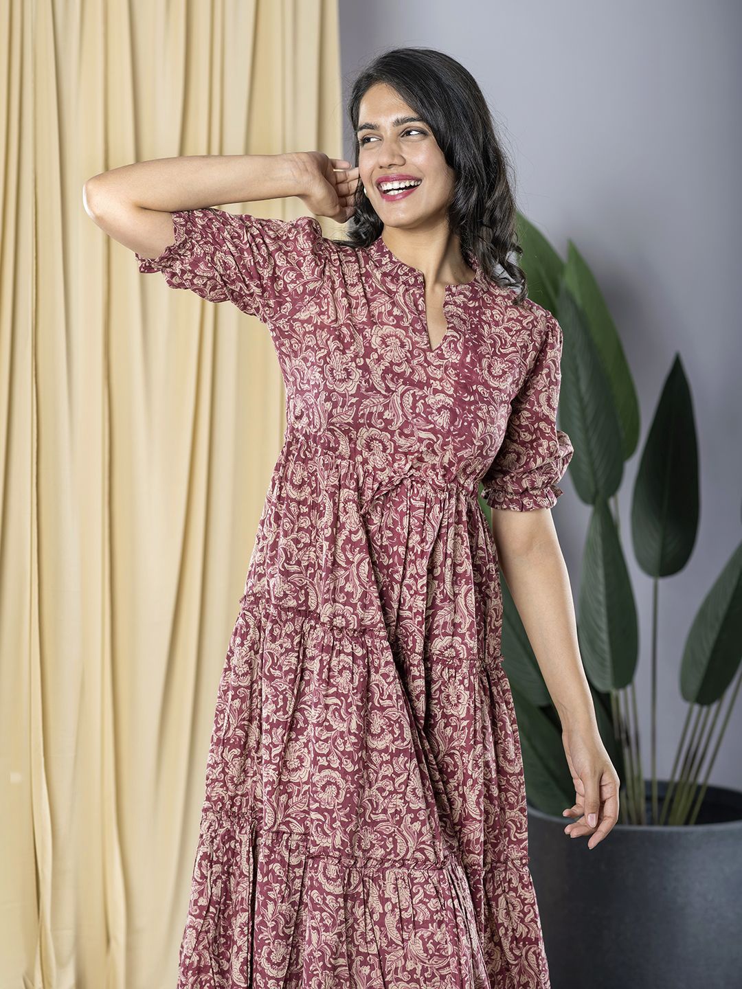 

KALINI Women Floral Print Cotton Puff Sleeve Formal Fit & Flare Midi Dress, Maroon