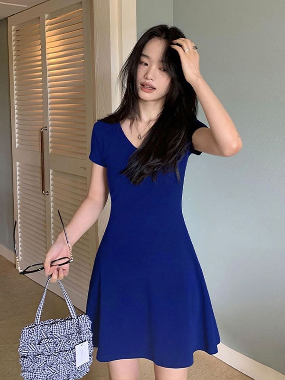 

KPOP Women V-Neck Short Sleeves Above Knee A-Line Dress, Navy blue