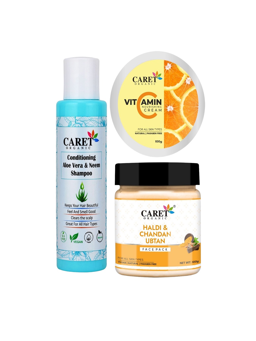 

CARET ORGANIC Set of 3 Face Pack, Vitamin C Nourishing Cream With Neem Shampoo, White