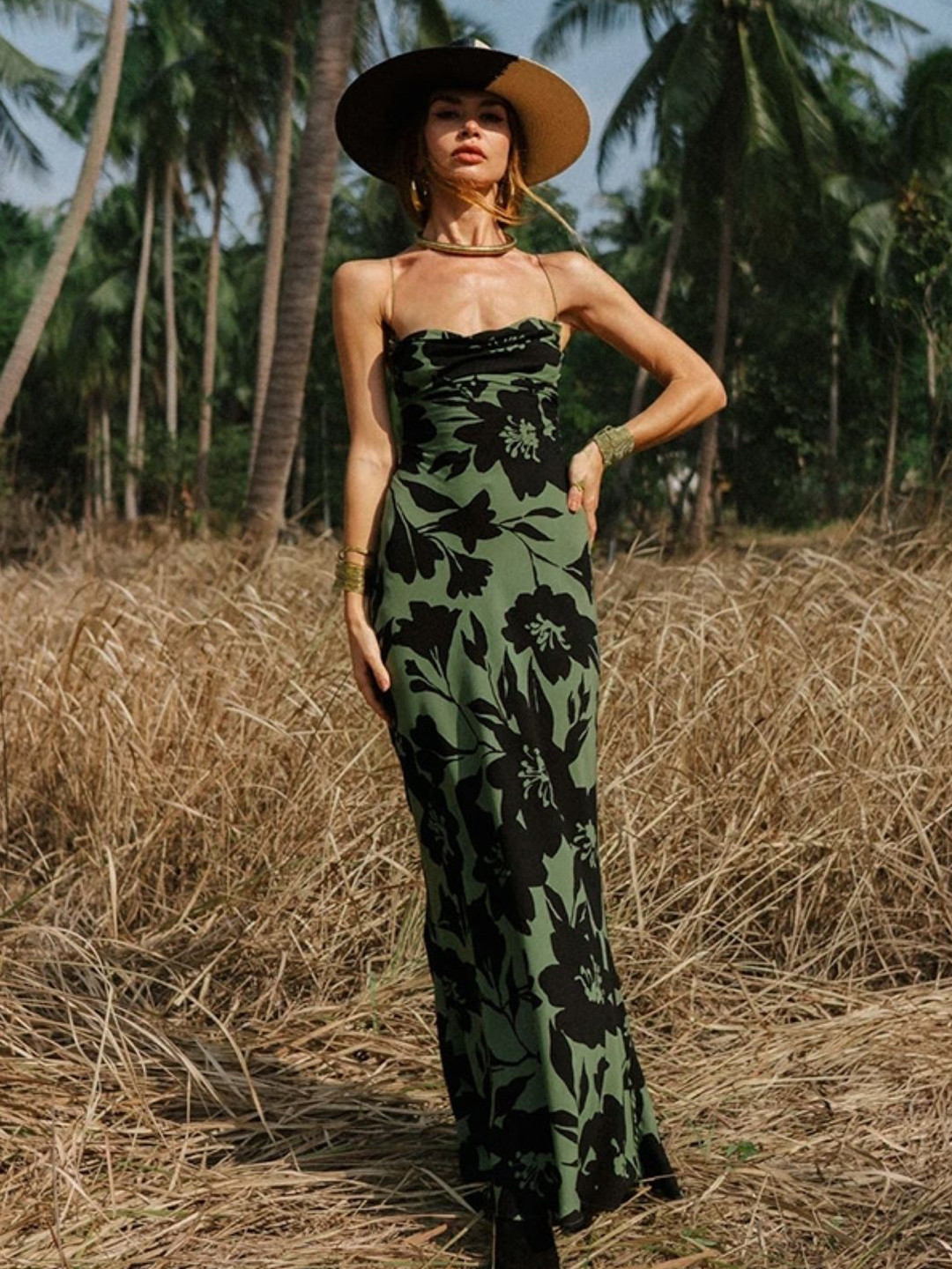 

KPOP Women Cowl Neck Floral Printed Sheath Maxi Dress, Green