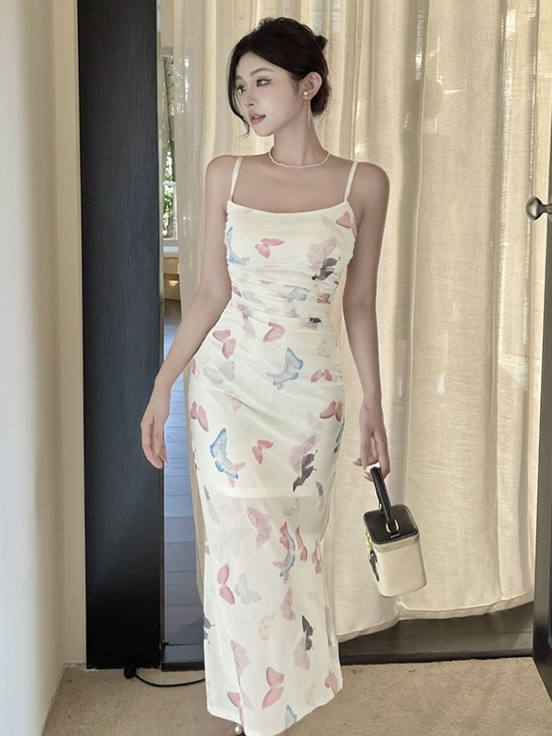 

KPOP Women Printed Bodycon Midi Dress, Cream