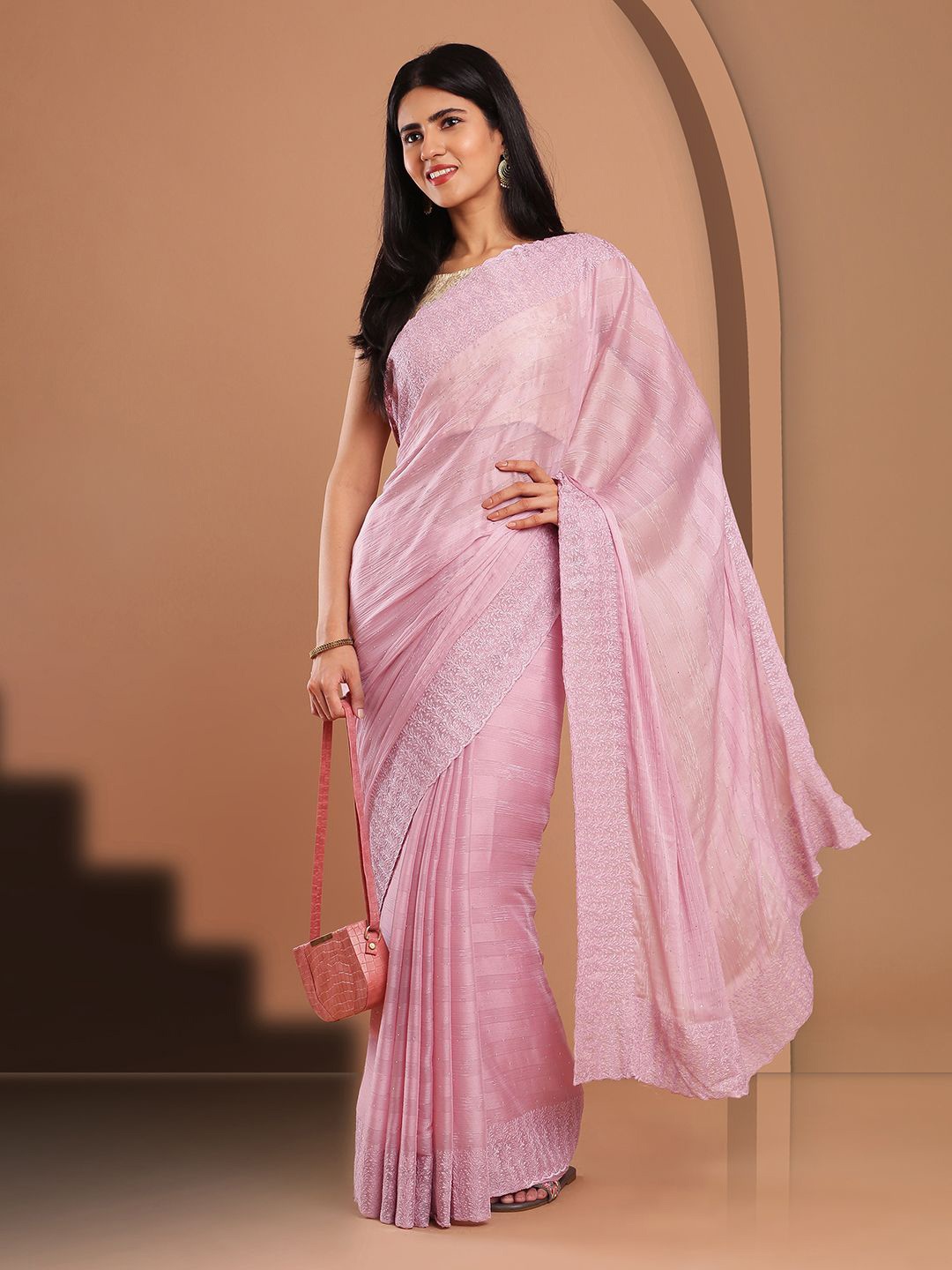 

Kalyan Silks Embellished Beads and Stones Poly Chiffon Bagru Saree, Pink