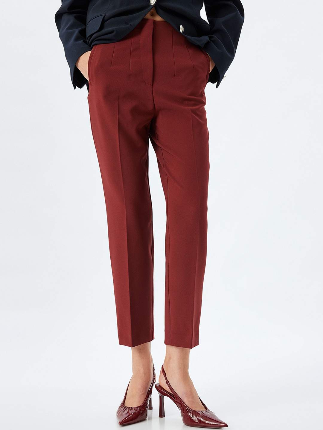 

Koton Women Slim Fit High-Rise Cropped Trousers, Maroon