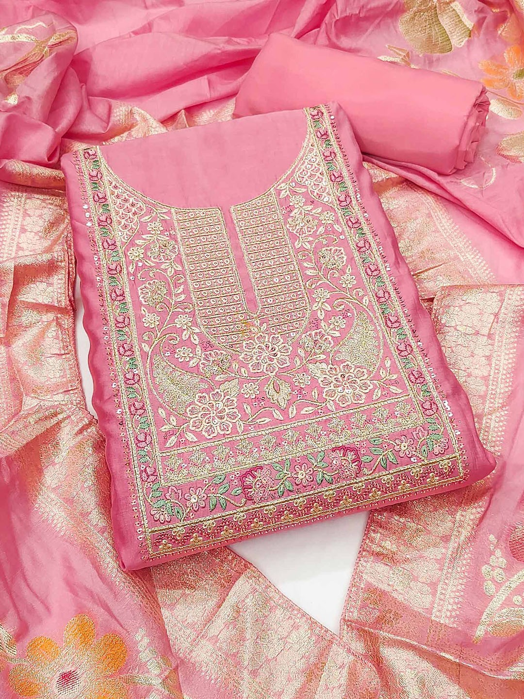 

Peachmode Floral Embroidered Sequinned Unstitched Dress Material, Pink