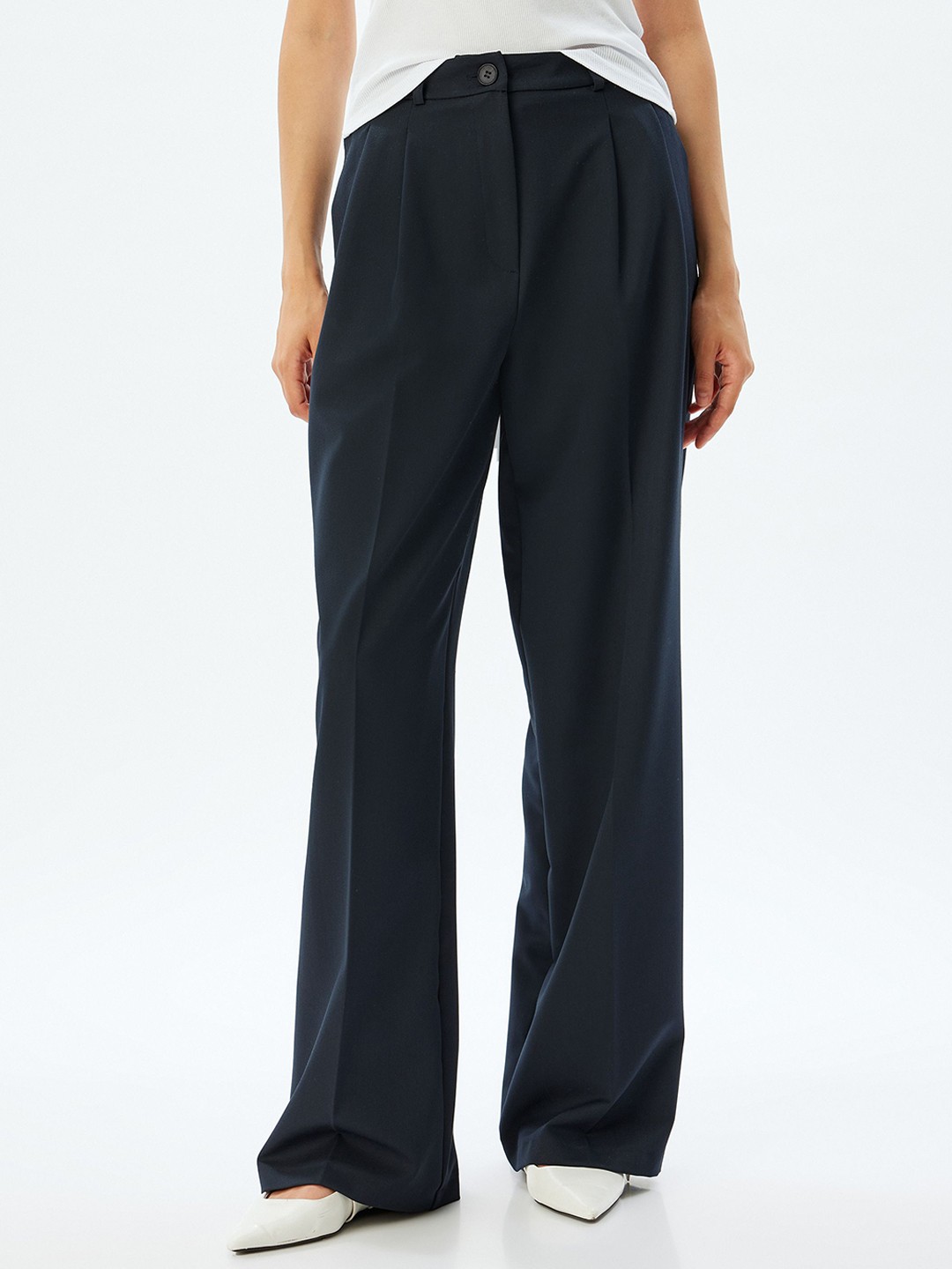 

Koton Women Pleated Regular Fit Mid-Rise Trousers, Navy blue