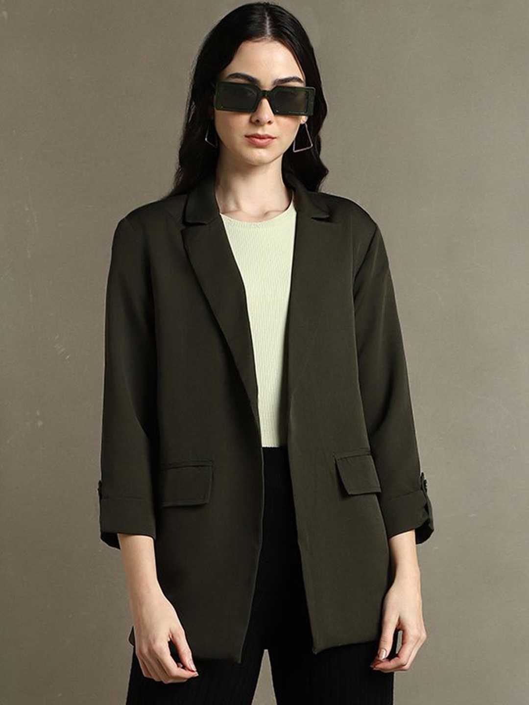 

DL Woman Notched Lapel Front Open Blazers, Green