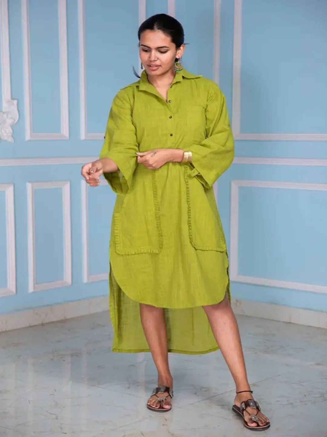 

THE SAFFRON SAGA Women Cotton Shirt Midi Dress, Green
