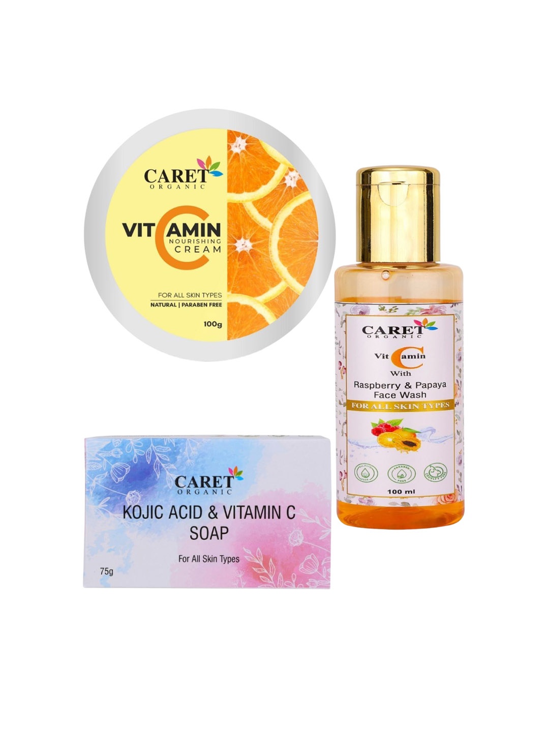 

CARET ORGANIC Set of 3 Vitamin C Cream , Papaya Face Wash & Kojic Acid Vitamin C Soap, White