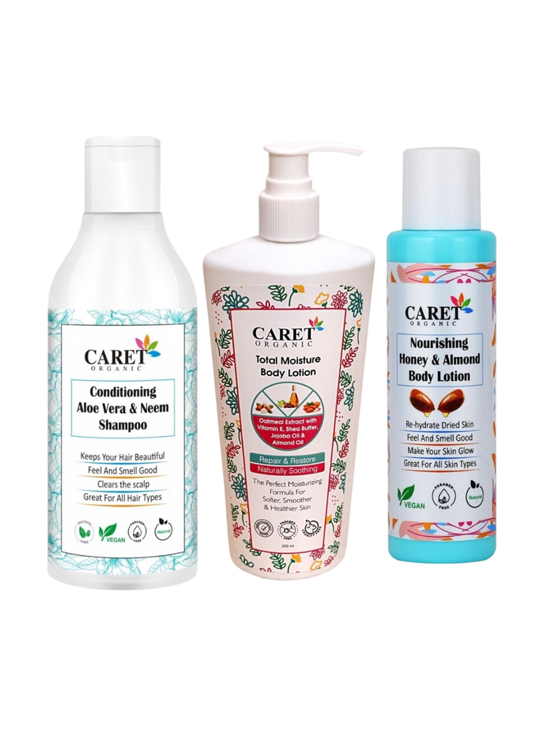 

CARET ORGANIC Set Of 3 Shampoo & Total Moisture & Honey Almond Body Lotion, White