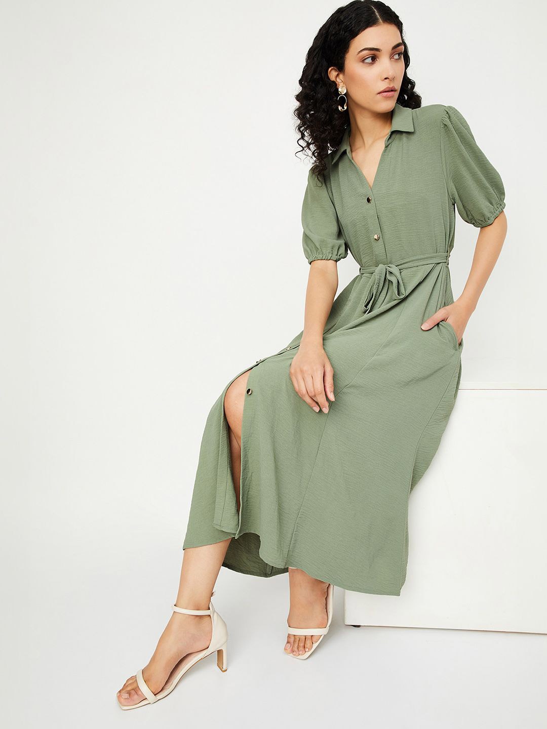 

max Puff Sleeves Shirt Midi Dress, Green