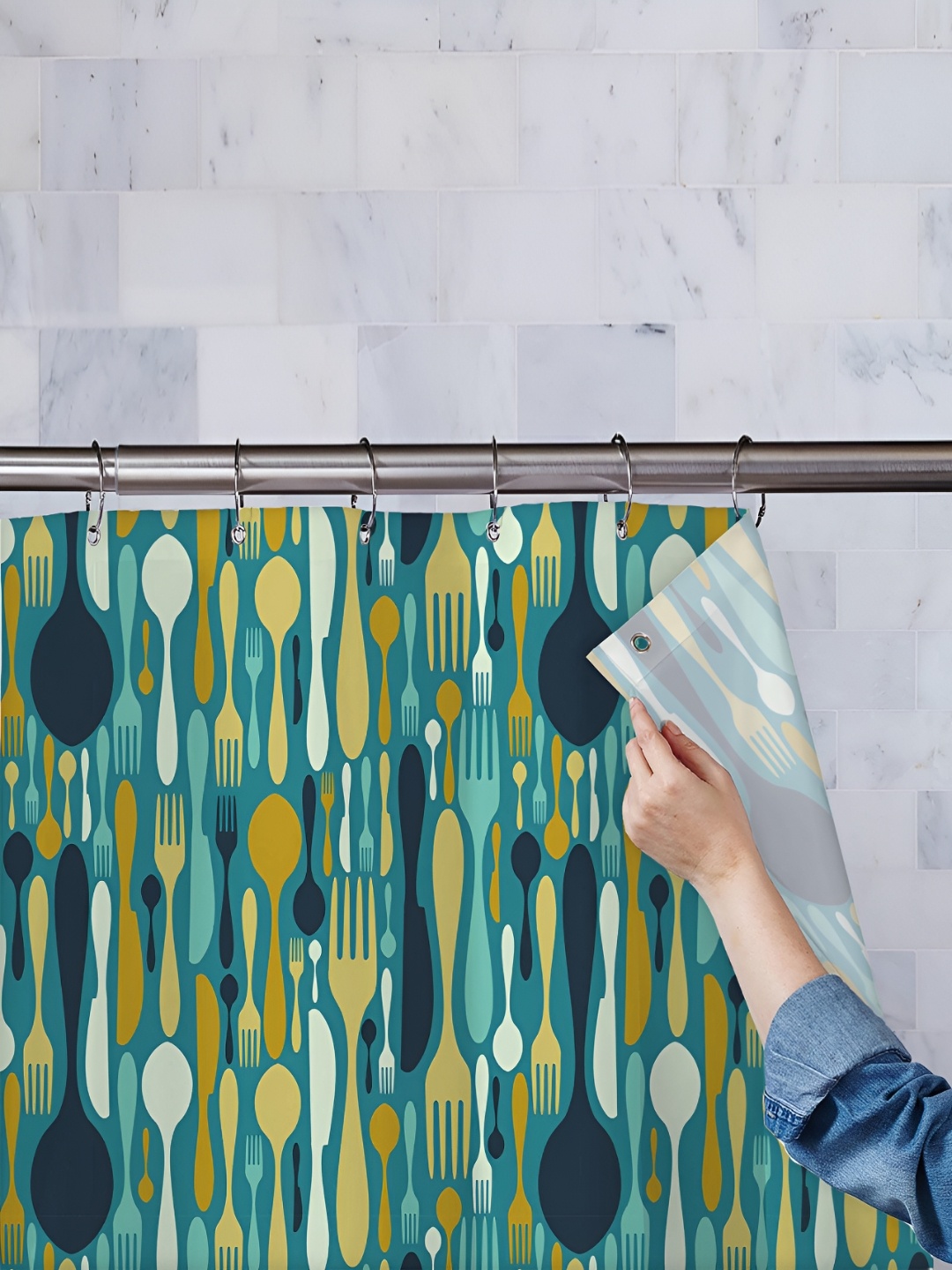 

ArtzFolio Green and Blue Printed Waterproof Shower Curtain