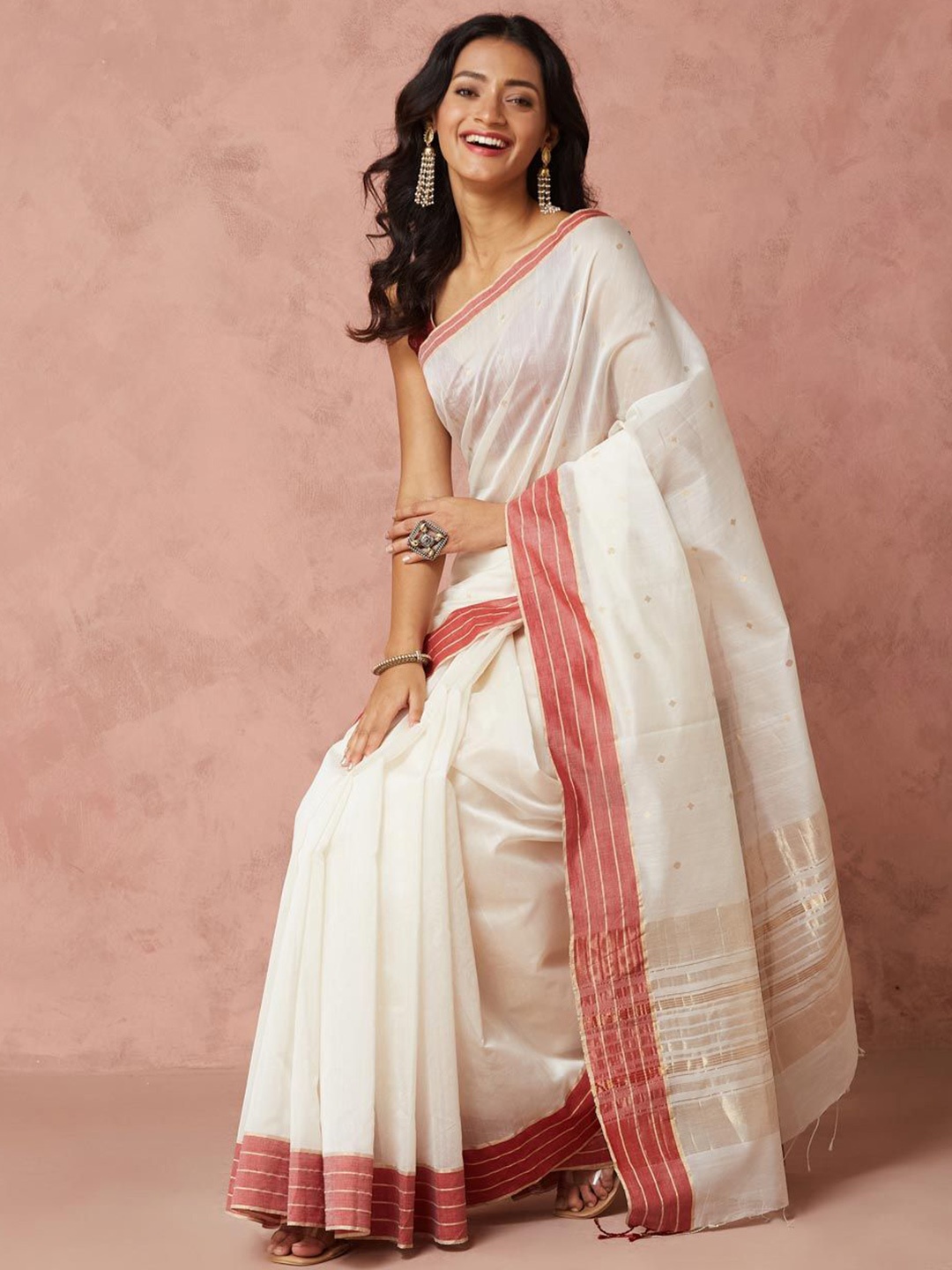 

Fabindia Woven Design Zari Saree, White