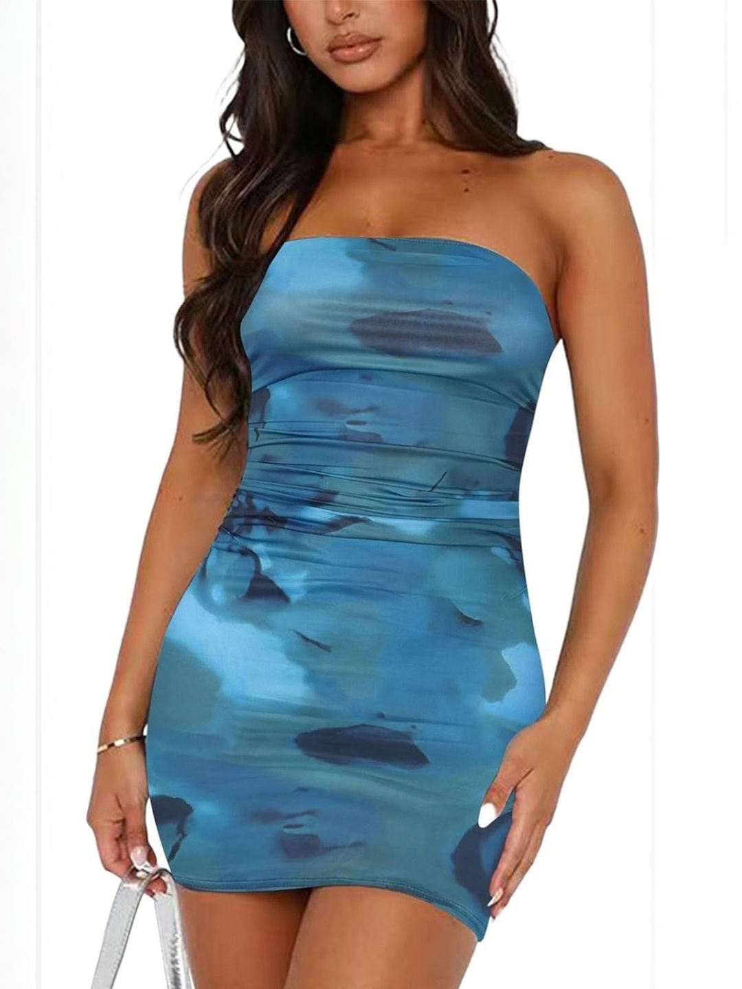 

KPOP Printed Strapless Bandeau Dress, Blue
