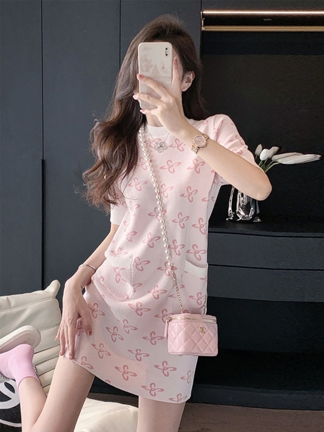 

KPOP Printed Round Neck Short Sleeves Sheath Mini Dress, Pink