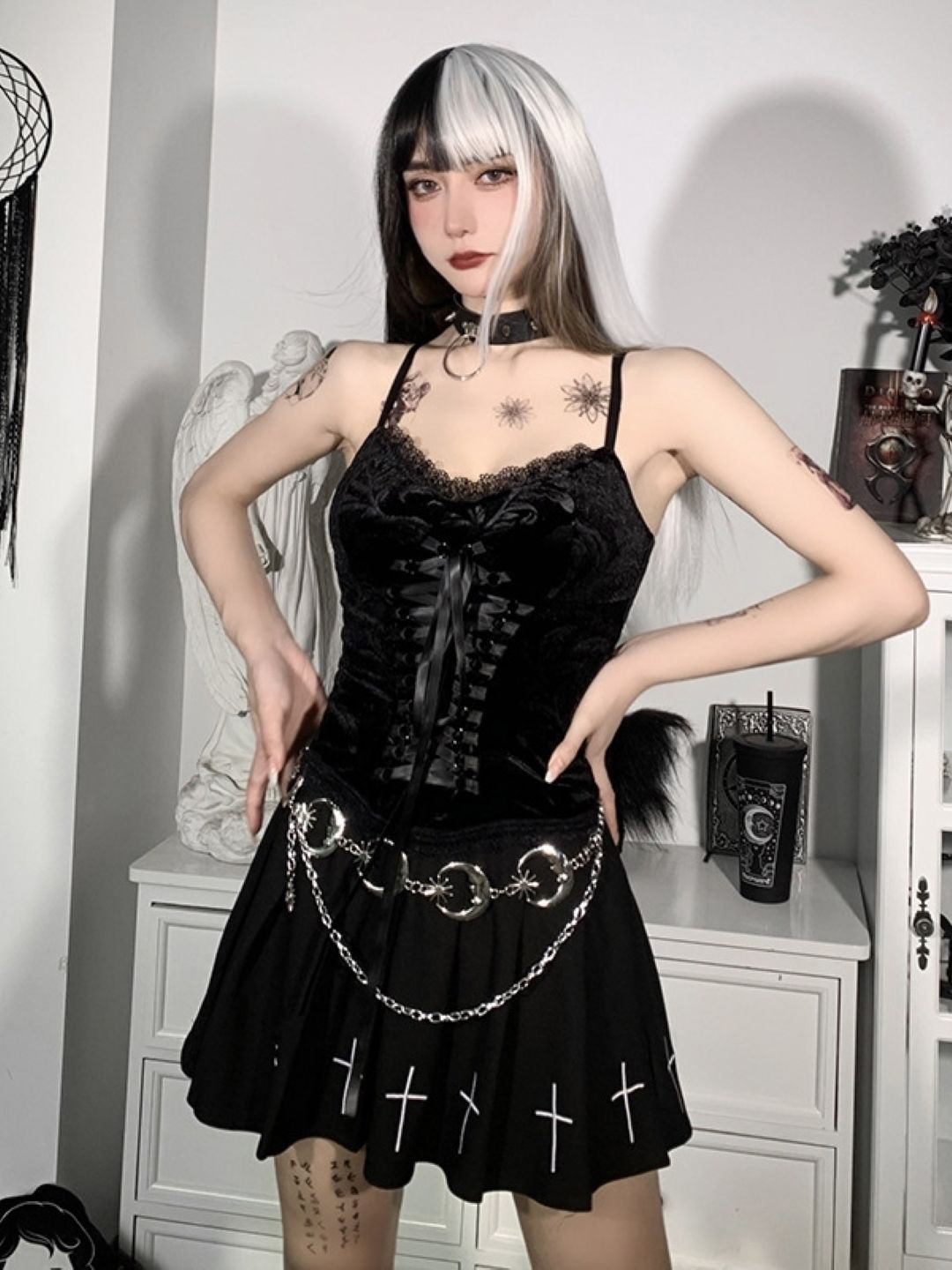 

KPOP Women Shoulder Straps Fit & Flare Dress, Black