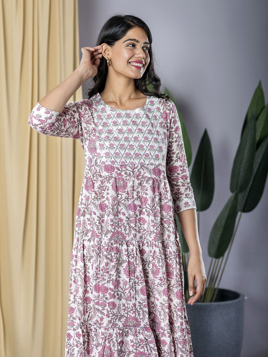 

KALINI Women Floral Printed Cotton Fit & Flare Midi Dress, Purple