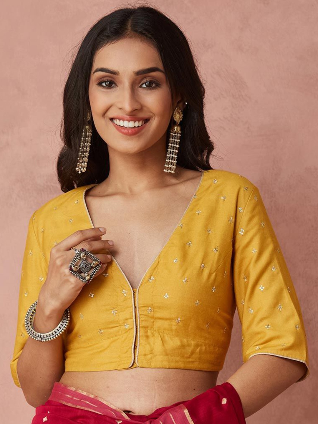 

Fabindia Embroidered V Neck Stitched Saree Blouse, Mustard