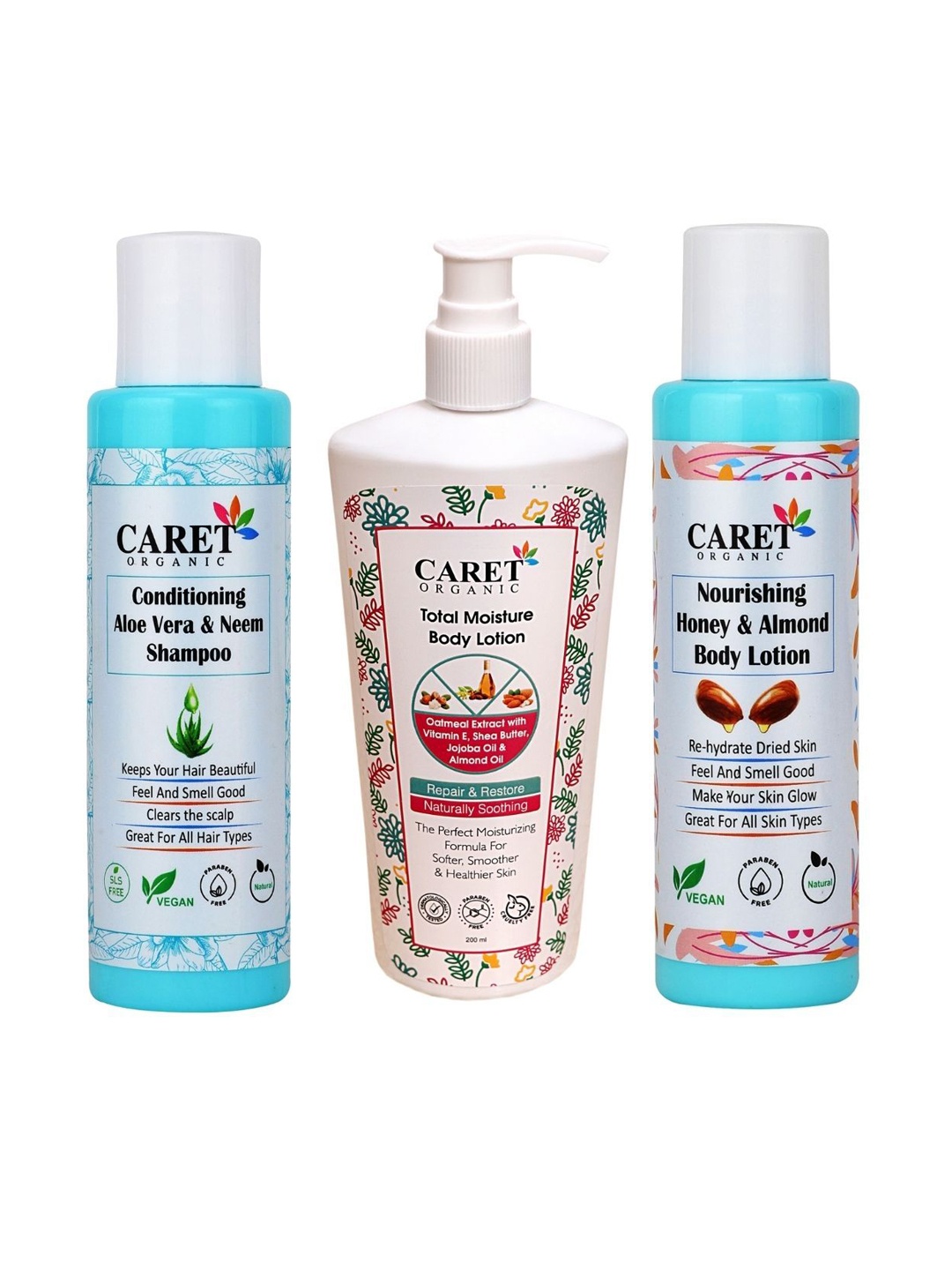 

CARET ORGANIC Set Of 3 Shampoo & Total Moisture & Honey Almond Body Lotion, White