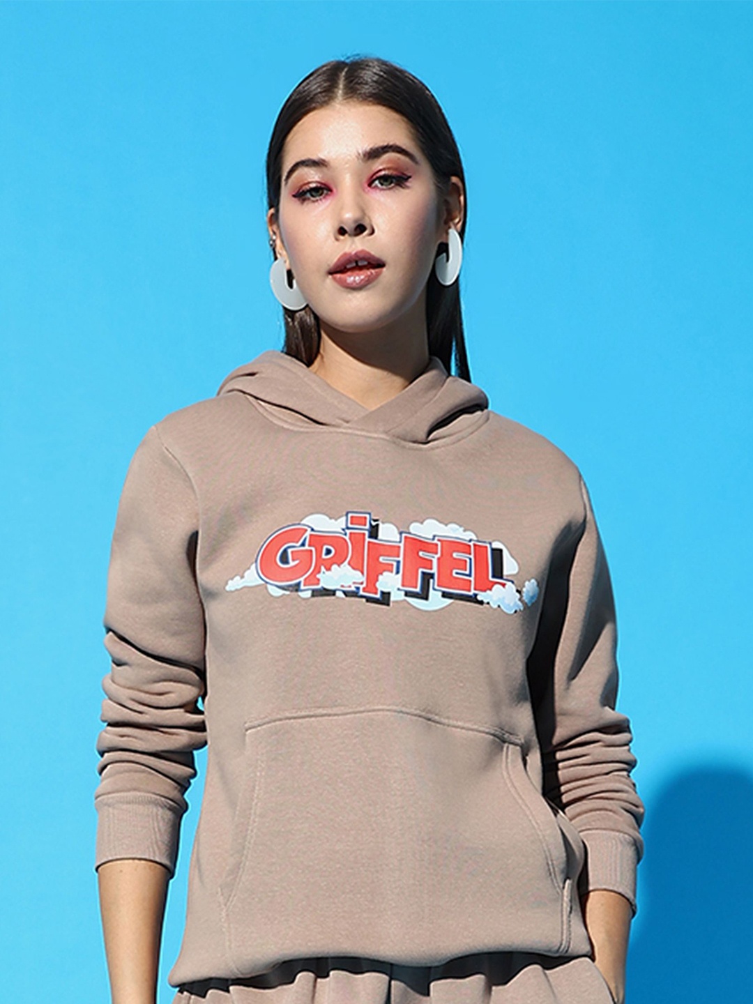 

GRIFFEL Women Graphic Printed Hooded Pullover Sweatshirt, Camel brown