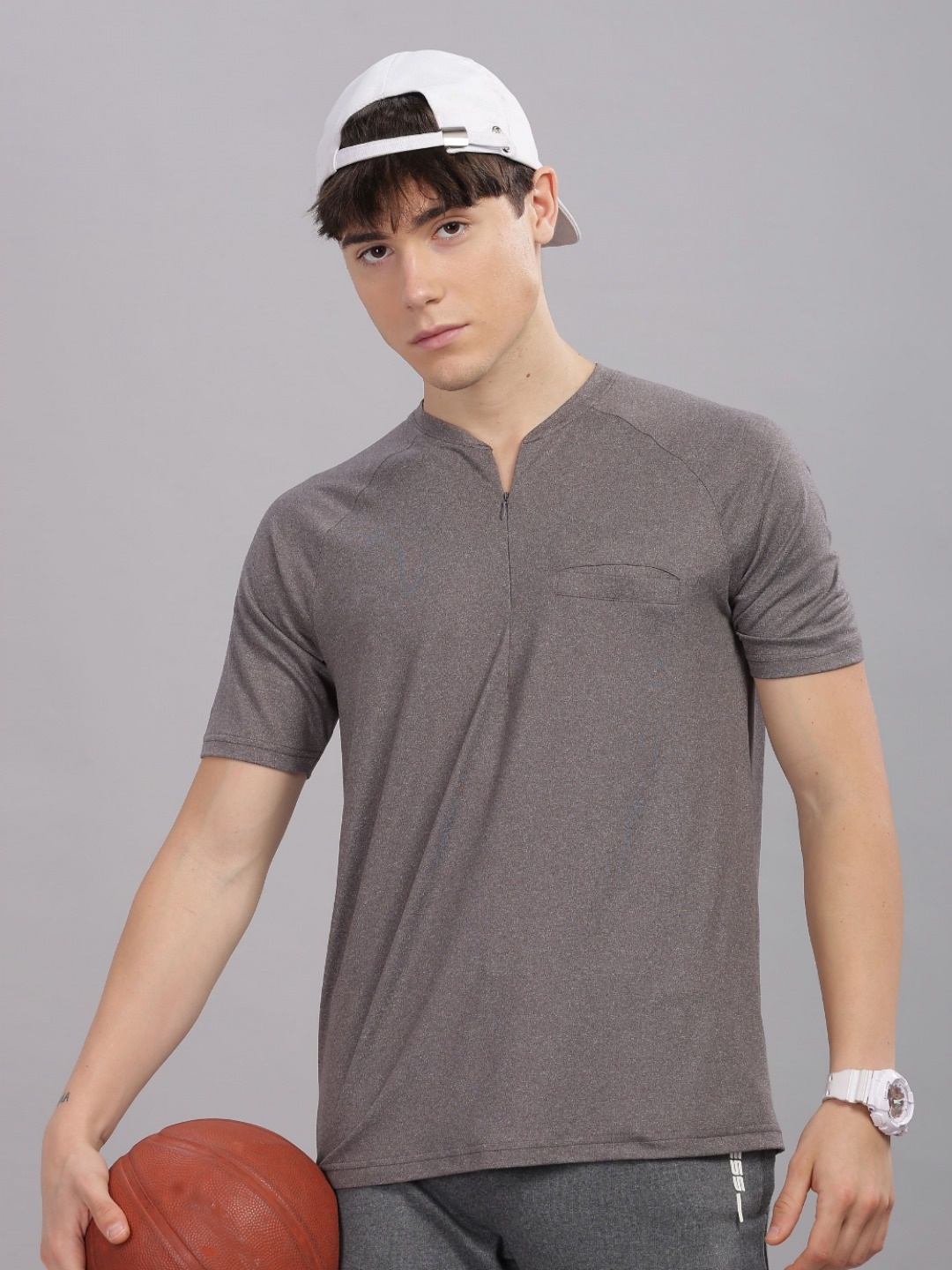 

DOMIN8 Men Henley Neck Pockets T-shirt, Grey